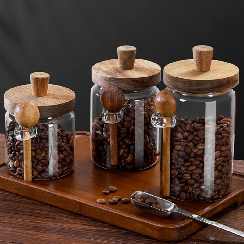Coffee Tea Sugar Container Set - ABJI-Glazen potten met houten deksels en