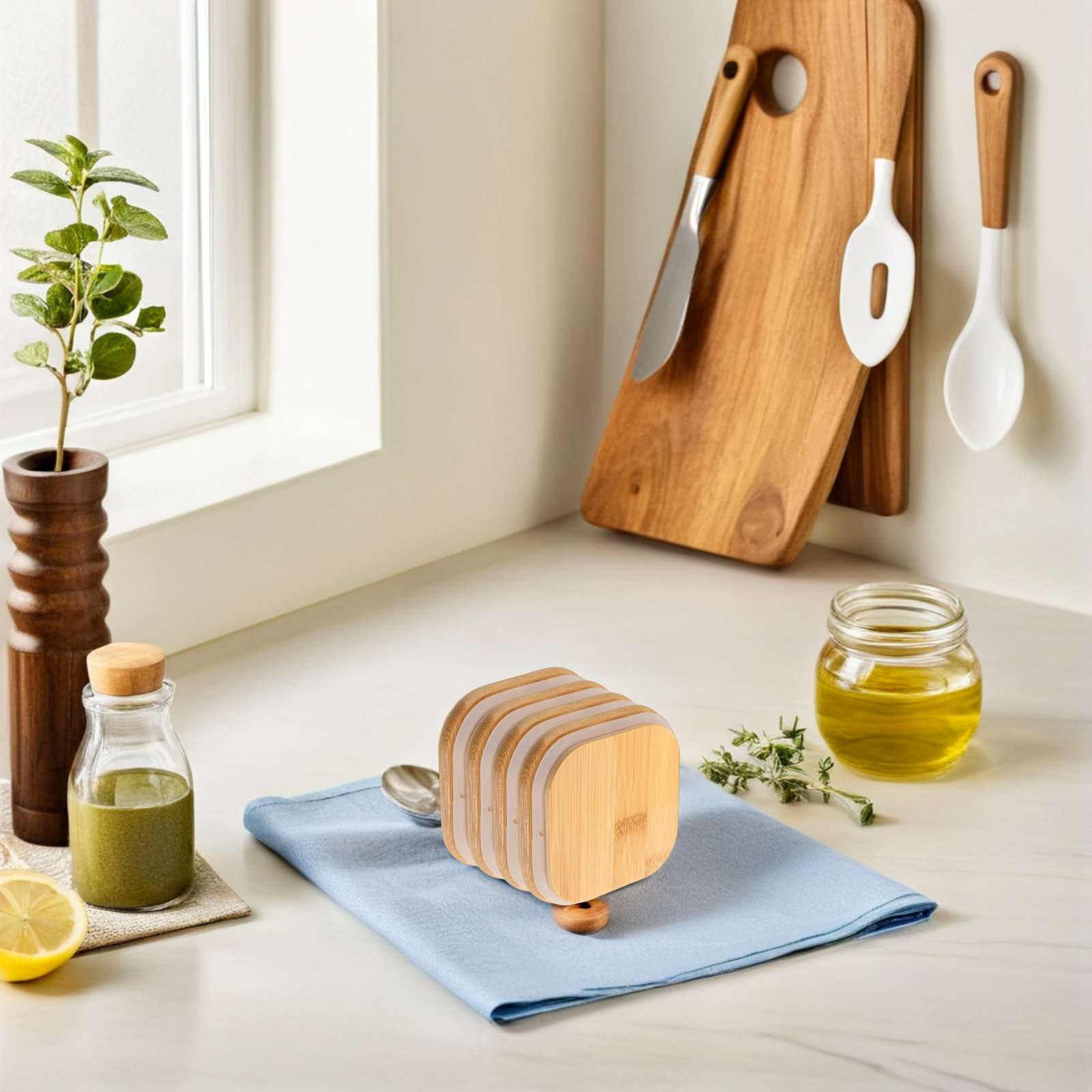 Coffee Tea Bean Leaf - 4-delige glazen voorraadpotten met bamboe deksels,